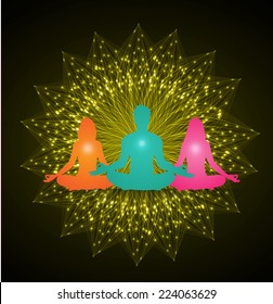 man and woman meditate, yoga.Dark yellow light background. 