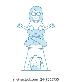 A man and woman meditates. Calmness and relaxation, relaxation. Stress relief. Illustration in line art style. Vector