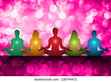 man and woman meditating defocused lights background, yoga. 