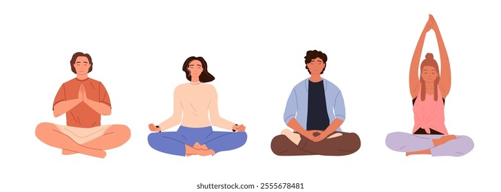 Man and woman meditating in lotus posture set Flat vector illustration isolated on white background. Yoga zen and meditation practice. Balance, harmony and mindfulness, calmness concept.