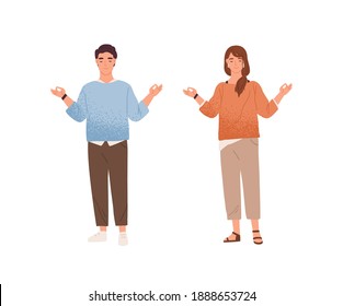 Man and woman meditating trying to keep equanimity and calmness vector flat illustration. Calm male and female characters standing with closed eyes demonstrate balance and concentration isolated. 