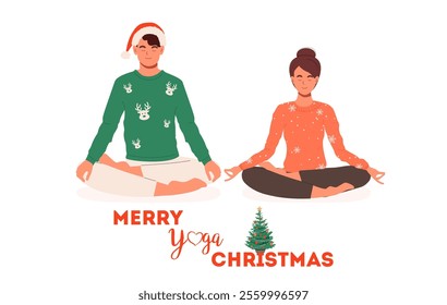 Man and woman meditating. Young couple practice yoga together. Calm male and female sitting in lotus pose with closed eyes demonstrate balance and concentration. Christmas card. Vector illustration.