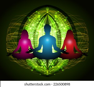 man and woman meditation green Abstract background. yoga.