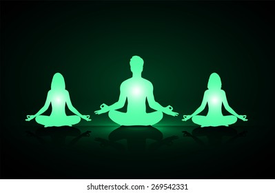 man and woman meditation on green background. yoga.