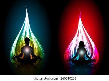 Man and woman meditation on orange yellow and red blue fire abstract background. yoga