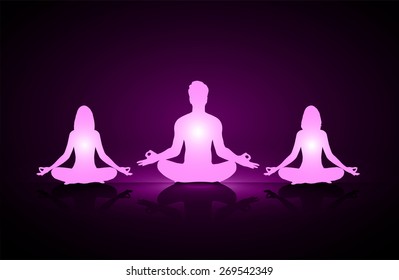 man and woman meditation on purple background. yoga.