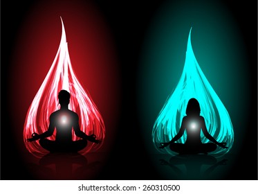 Man and woman meditation on red blue fire abstract background. yoga