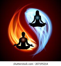 Man and woman meditation on Symbol of yin and yang of background in the form of red and blue fire.