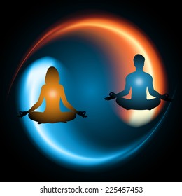 Man and woman meditation on Symbol of yin and yang of background in the form of red and blue fire. yoga.