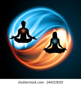 Man and woman meditation on Symbol of yin and yang of background in the form of red and blue fire. yoga.