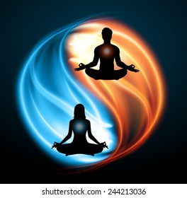 Man and woman meditation on Symbol of yin and yang of background in the form of red and blue fire. yoga.