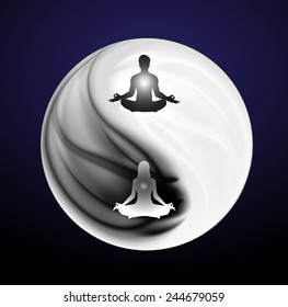 Man and woman meditation on Symbol of yin and yang of background