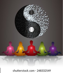 Man and woman meditation on Symbol of yin and yang of background 