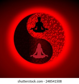 Man and woman meditation on Symbol of yin and yang. red