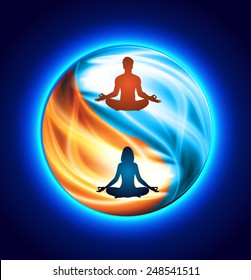 Man and woman meditation on Symbol of yin and yang of background in the form of red and blue fire.