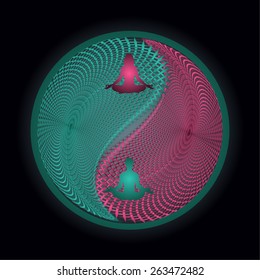 Man and woman meditation on Symbol of yin and yang of background. blue and purple