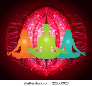man and woman meditation Pink Abstract background. yoga.