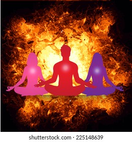 man and woman meditation, yoga. Dark orange abstract background 