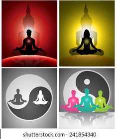 Man and woman meditation. yoga. Light abstract background. many, various