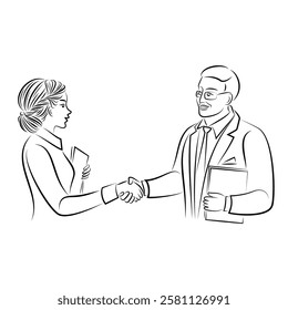 Man and woman meeting. Girl and guy shaking hands. Business partners greeting. Vector illustration.