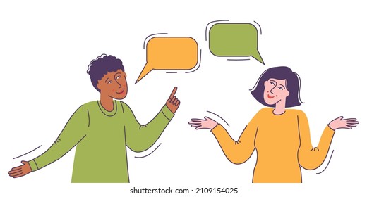 Man and woman are meeting. Multiethnic people are talking or speaking. Chatting couple with speech bubbles.