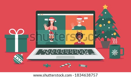 man and woman meeting online together via video conference on a laptop to virtual discussion on Christmas holiday and decorate with Christmas tree, gift, candy, and cup, flat vector illustration