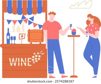 Man and woman meeting at a wooden wine stall, enjoying glasses of wine and engaging in lively conversation while soaking up the vibrant atmosphere of a local street food market