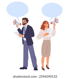 Man and woman with megaphone. People marketing and announcing news. Public speakers. Agitators shout into loudspeakers. Demonstration activist. Advertising promotion