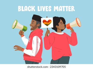 Man and woman with a megaphone protest. Black lives matter protester. Standing up for and defending rights and freedoms No Racism Concept.Fight for Right