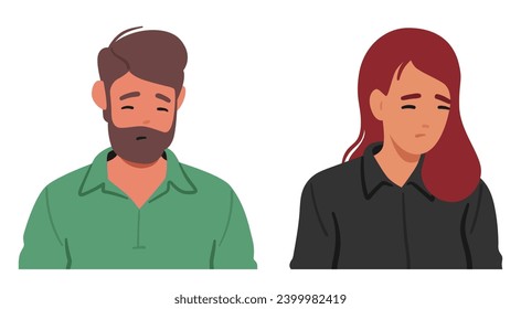 Man and Woman With Melancholic Facial Expression, Eyes Downcast And A Subtle Frown Conveying Profound Sadness, As If People Carrying The Weight Of Untold Sorrows. Cartoon Vector Illustration