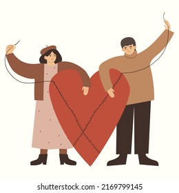 Man and woman mending a broken heart together. Vector hand drawn illustration in flat cartoon style.