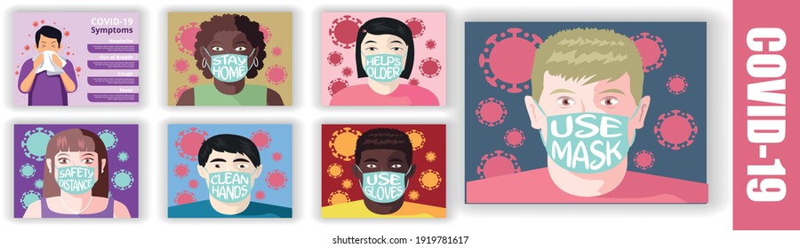 Man and woman with Message in a Mask for Prevention of Covid-19, Covid19 Symptoms Chart. Corona vector.