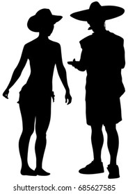 Man and woman in Mexican costumes against white background