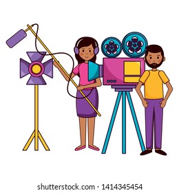 man and woman microphone light camera in tripod film movie production vector illustration