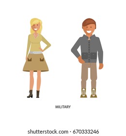 Man and woman in Military dress style suits isolated on white background. Vector illustration of people in formal clothes.