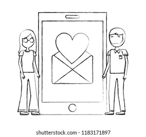 man and woman mobile love envelope letter