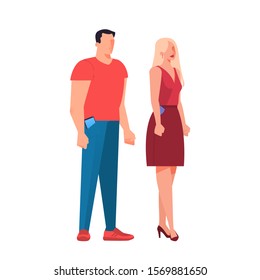 Man and woman with mobile phone. Female and male character holding smartphone. Chating characters. Isolated flat vector illustration