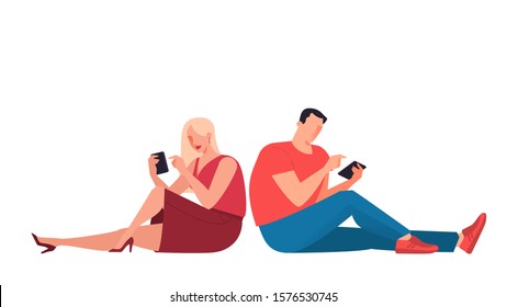 Man and woman with mobile phone. Female and male character holding smartphone. Chating characters. Isolated flat vector illustration