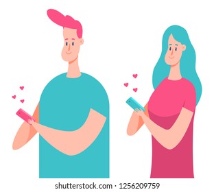 Man and woman with mobile phone send love messages. Vector cartoon flat people character isolated on a white background.