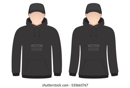 Man and woman models, dressed in a black hoodies and caps. Black vector apparel templates, isolated on a white background.