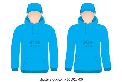 Man and woman models, dressed in a blue hoodies and caps. Blue vector apparel templates, isolated on a white background.