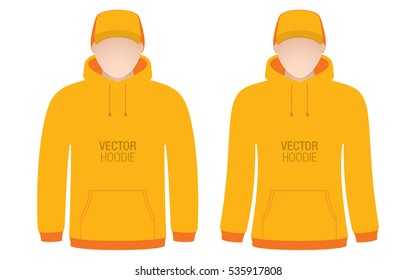 Man and woman models, dressed in a orange hoodies and caps. Orange vector apparel templates, isolated on a white background.