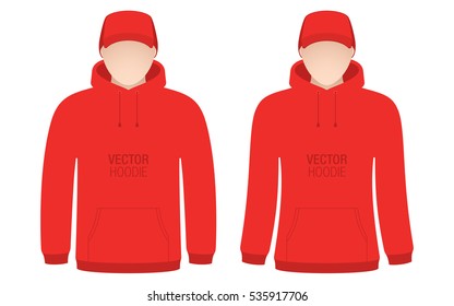 Man and woman models, dressed in a red hoodies and caps. Red vector apparel templates, isolated on a white background.