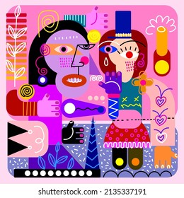 A man and woman modern fine art portrait vector illustration. Colorful, hand dawn,line, decorative.
