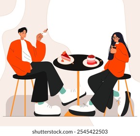 man and woman in modern matching couples outfits. the couple sitting on the chairs and holding cups of coffee in front of them a table with berry desserts. coffee shop