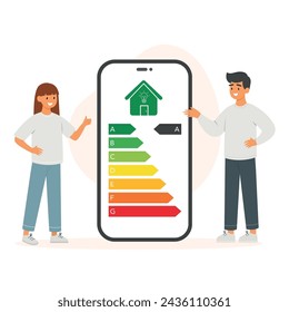 Man and woman monitoring energy efficiency usage with phone app. Energy rating class. Home icon. Vector illustration.