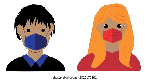 Man and woman with mouth and nose protection. vector