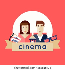 Man and a woman in a movie. Tickets, cinema, glasses, popcorn. Flat icons vector illustration.