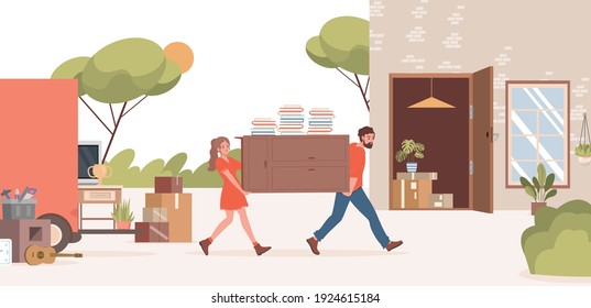 Man and woman moving into new suburban house vector flat illustration. Male and female characters carrying wardrobe or chest of drawers with books. Movement, relocation concept.