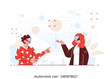A man and woman moving objects around using a virtual reality VR headset. People  Virtual augmented reality glasses concept with people learning and entertaining. Online learning. Science, Solar
